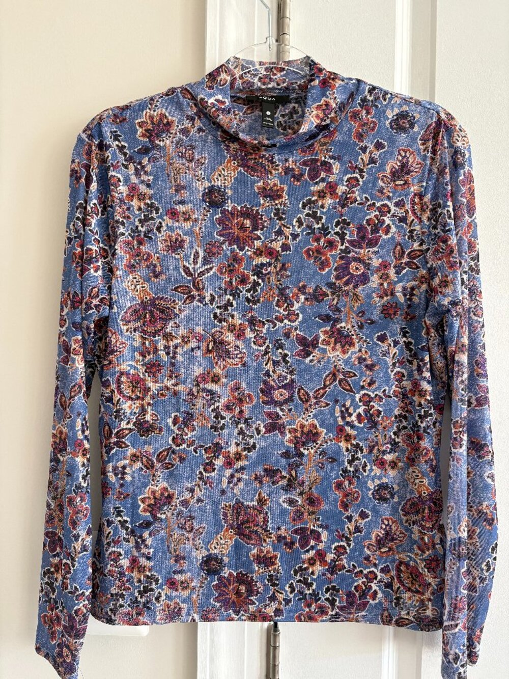 Aqua Bloomingdale's Blue Floral Mesh Knit Mock Turtleneck Long Sleeve Top - SZ L